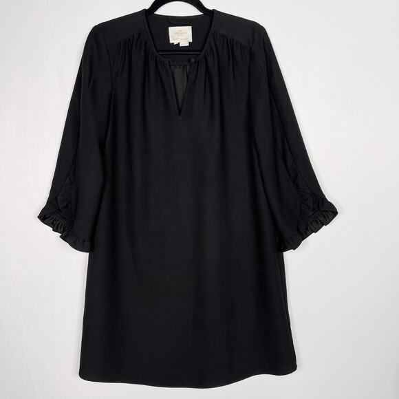 Kate Spade Small S Black Ruffle Sleeve Crepe Dress Split V Neck 3/4 Sleeve LBD - Picture 1 of 10